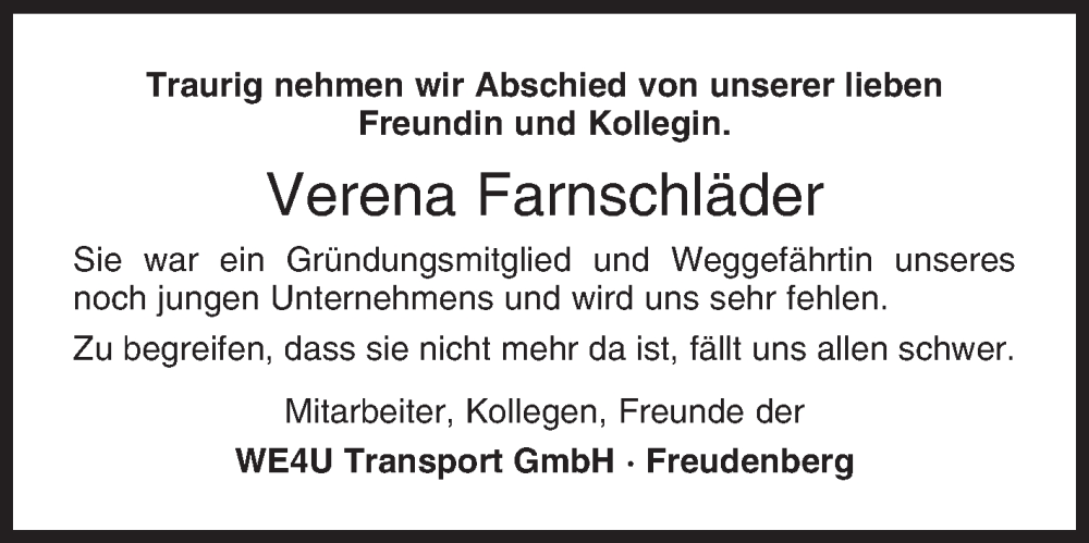  Traueranzeige für Verena Farnschläder vom 23.02.2024 aus Siegener Zeitung