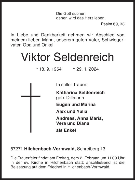 Traueranzeige von Viktor Seldenreich von Siegener Zeitung