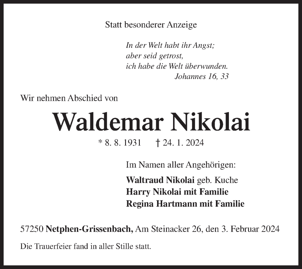  Traueranzeige für Waldemar Nikolai vom 03.02.2024 aus Siegener Zeitung