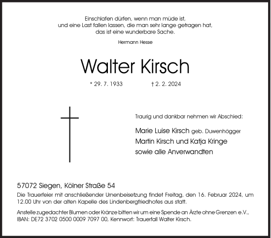 Traueranzeige von Walter Kirsch von Siegener Zeitung
