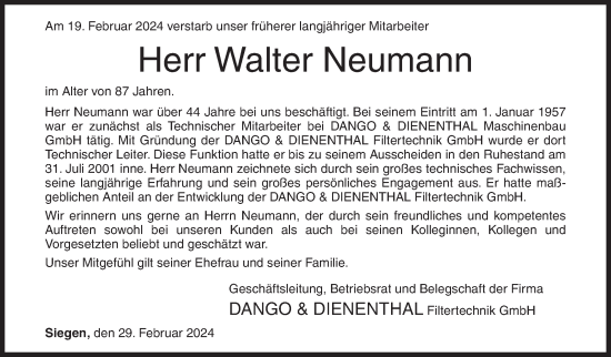 Traueranzeige von Walter Neumann von Siegener Zeitung