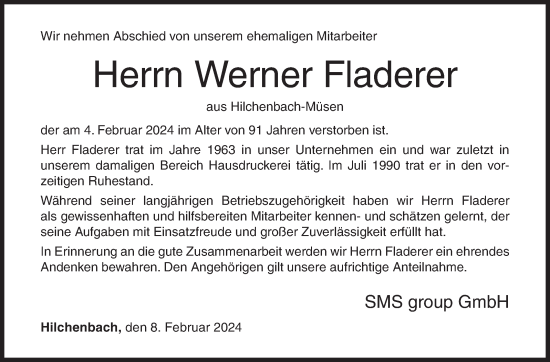 Traueranzeige von Werner Fladerer von Siegener Zeitung