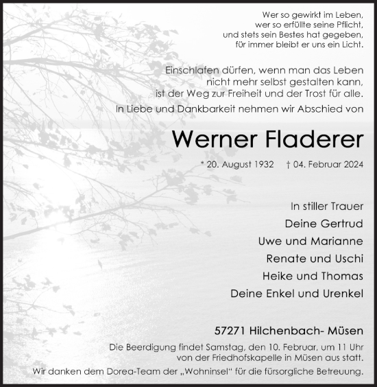 Traueranzeige von Werner Fladerer von Siegener Zeitung
