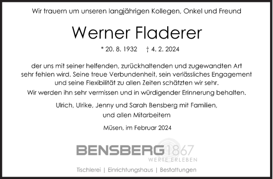 Traueranzeige von Werner Fladerer von Siegener Zeitung