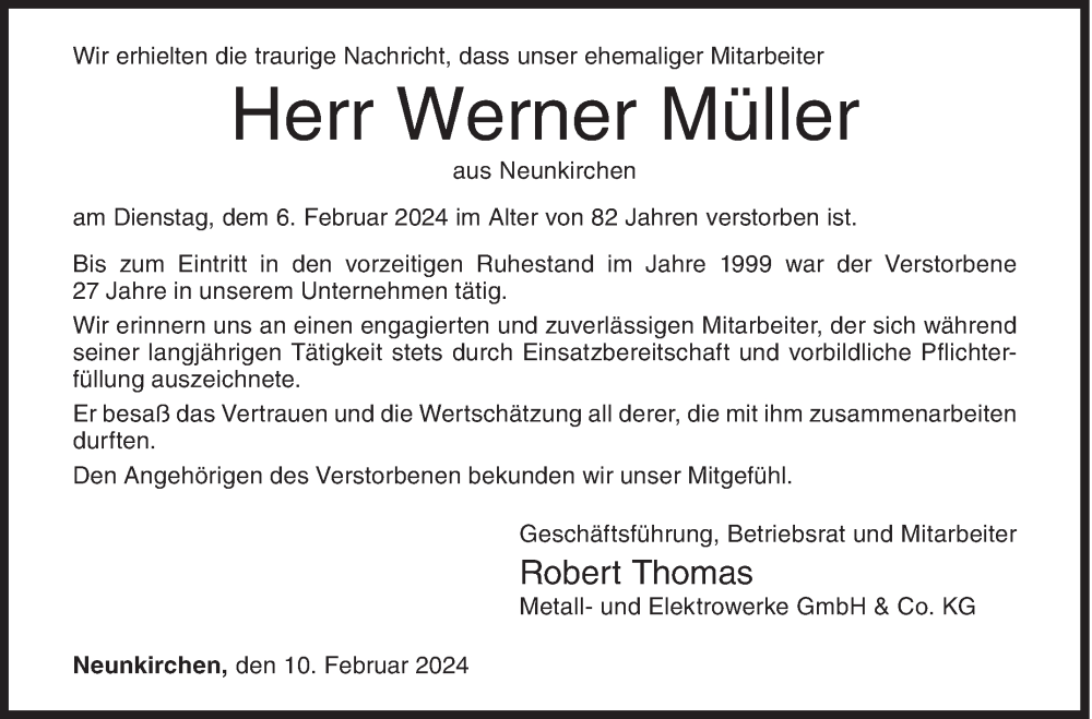  Traueranzeige für Werner Müller vom 10.02.2024 aus Siegener Zeitung
