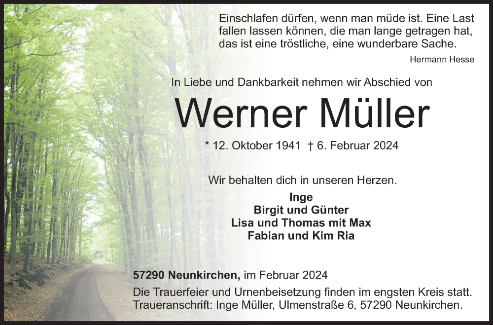  Traueranzeige für Werner Müller vom 09.02.2024 aus Siegener Zeitung