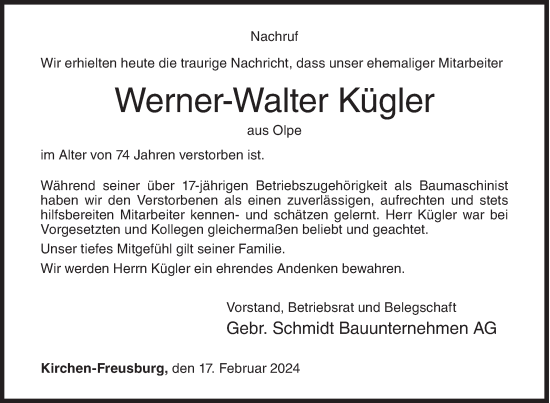 Traueranzeige von Werner-Walter Kügler von Siegener Zeitung