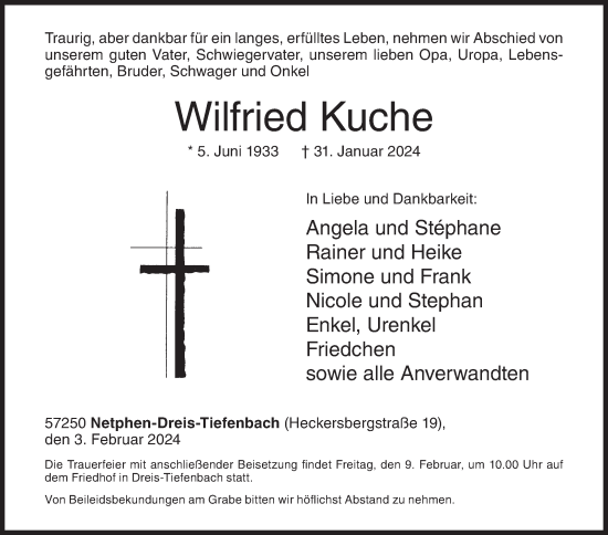 Traueranzeige von Wilfried Kuche von Siegener Zeitung