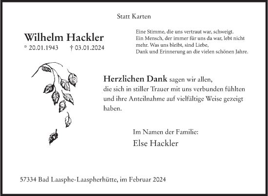 Traueranzeige von Wilhelm Hackler von Siegener Zeitung