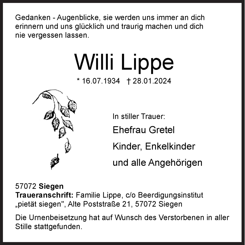  Traueranzeige für Willi Lippe vom 10.02.2024 aus Siegener Zeitung