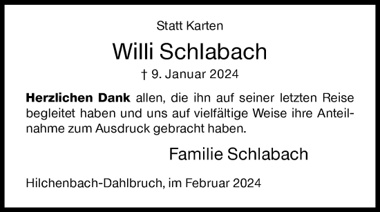 Traueranzeige von Willi Schlabach von Siegener Zeitung