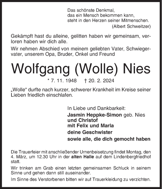 Traueranzeige von Wolfgang Nies von Siegener Zeitung