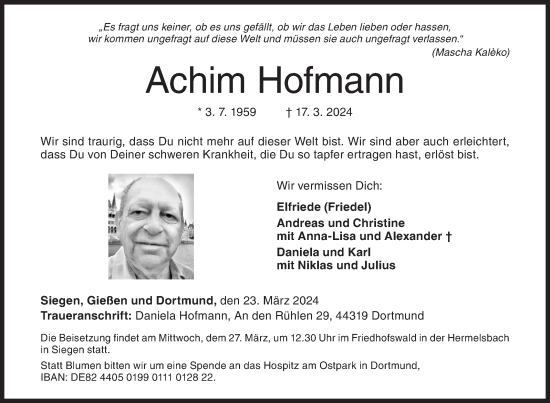 Traueranzeige von Achim Hofmann von Siegener Zeitung