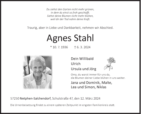 Traueranzeige von Agnes Stahl von Siegener Zeitung