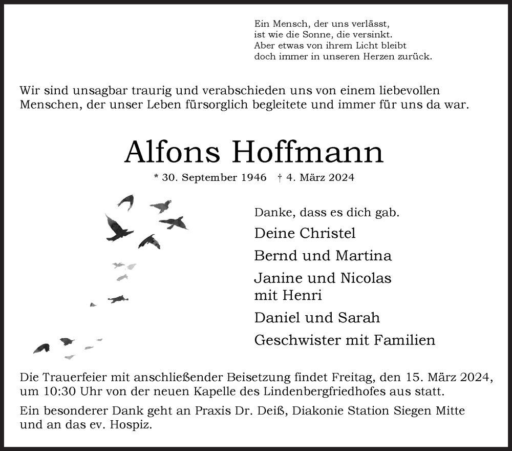  Traueranzeige für Alfons Hoffmann vom 12.03.2024 aus Siegener Zeitung