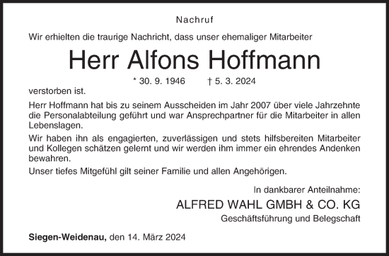 Traueranzeige von Alfons Hoffmann von Siegener Zeitung