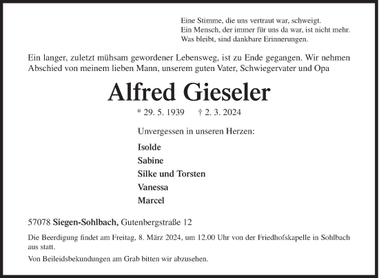 Traueranzeige von Alfred Gieseler von Siegener Zeitung