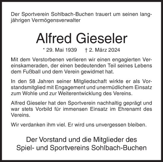 Traueranzeige von Alfred Gieseler von Siegener Zeitung