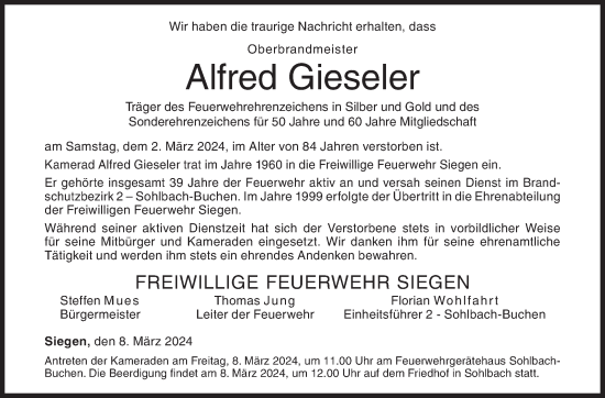 Traueranzeige von Alfred Gieseler von Siegener Zeitung