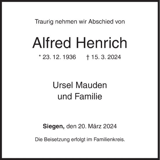 Traueranzeige von Alfred Henrich von Siegener Zeitung