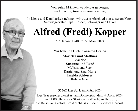 Traueranzeige von Alfred  Kopper von Siegener Zeitung