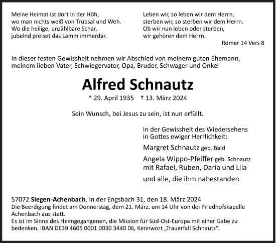 Traueranzeige von Alfred Schnautz von Siegener Zeitung