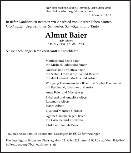 Traueranzeige von Almut Baier von Siegener Zeitung