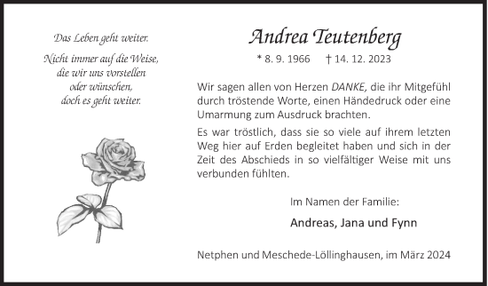 Traueranzeige von Andrea Teutenberg von Siegener Zeitung