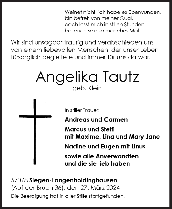 Traueranzeige von Angelika Tautz von Siegener Zeitung