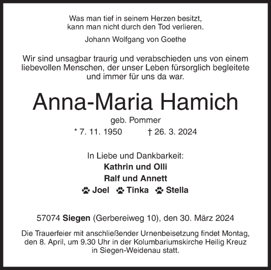 Traueranzeige von Anna-Maria Hamich von Siegener Zeitung