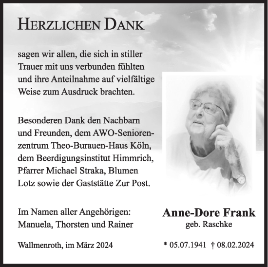 Traueranzeige von Anne-Dore Frank von Siegener Zeitung