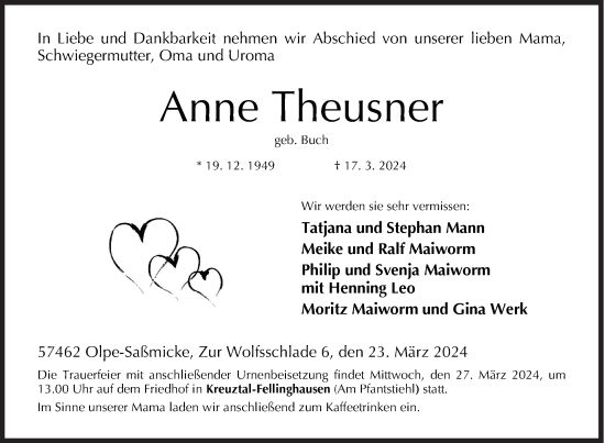 Traueranzeige von Anne Theusner von Siegener Zeitung