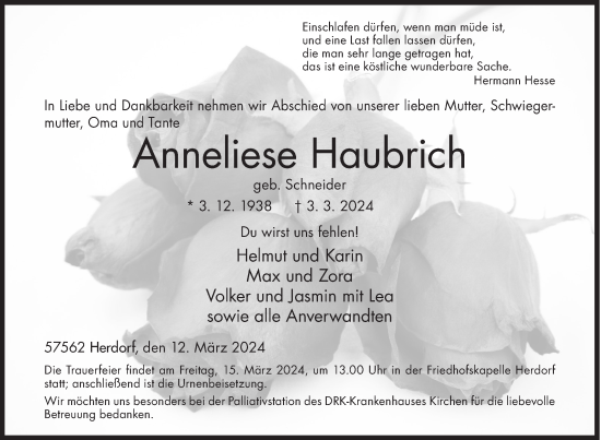 Traueranzeige von Anneliese Haubrich von Siegener Zeitung