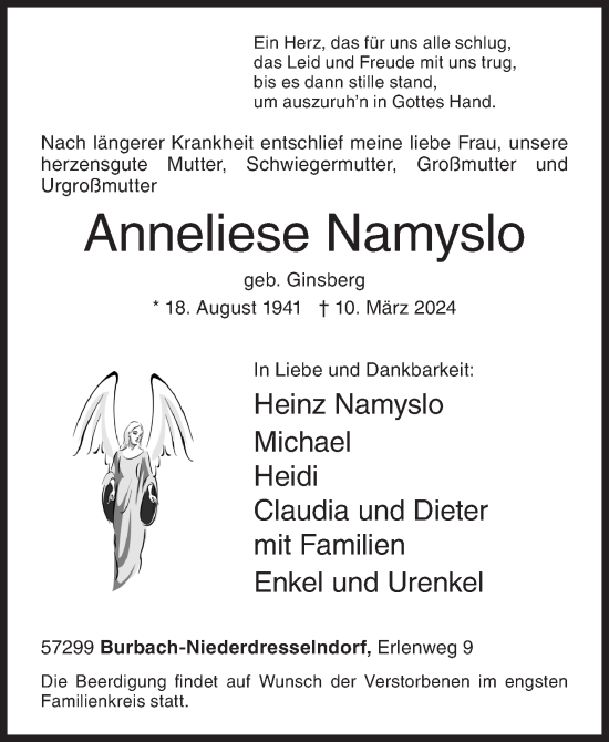 Traueranzeige von Anneliese Namyslo von Siegener Zeitung