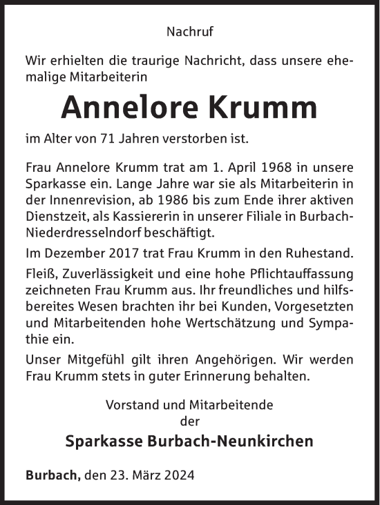 Traueranzeige von Annelore Krumm von Siegener Zeitung