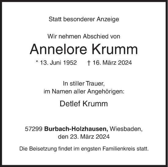 Traueranzeige von Annelore Krumm von Siegener Zeitung