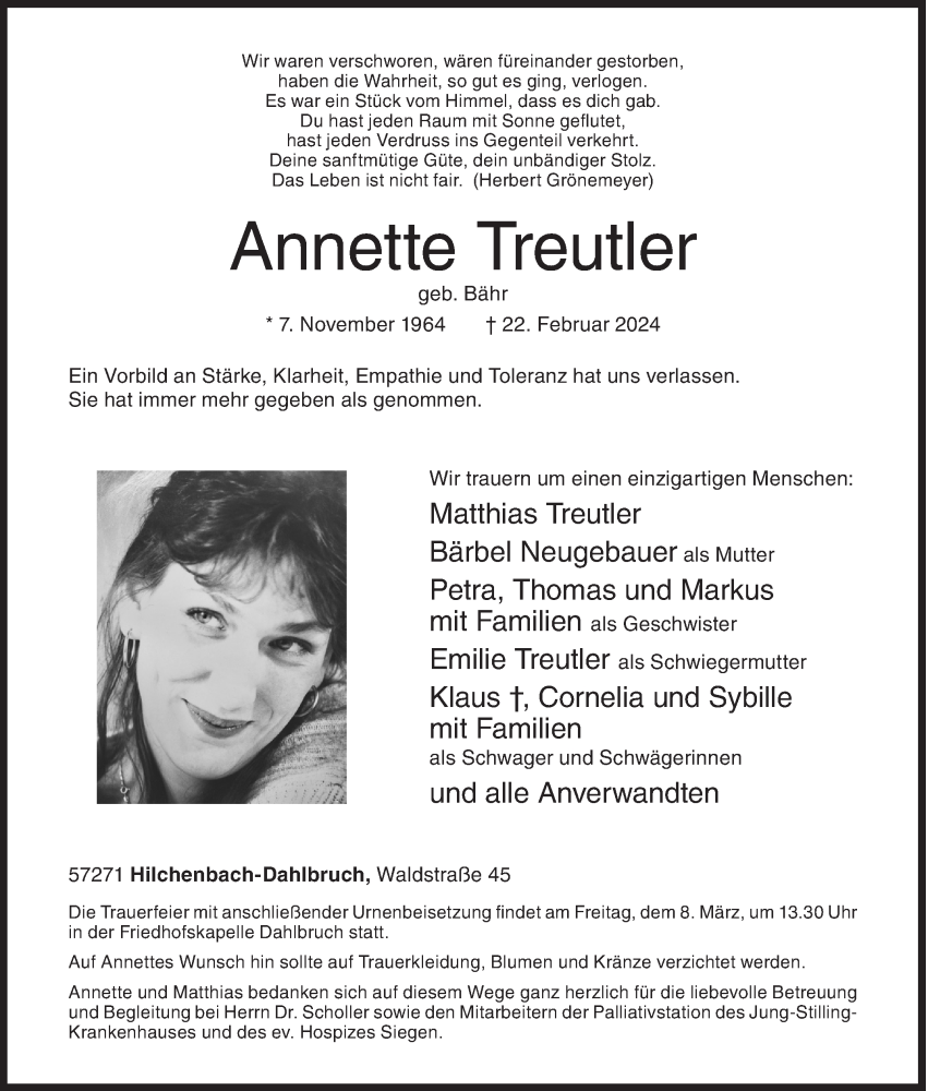  Traueranzeige für Annette Treutler vom 02.03.2024 aus Siegener Zeitung