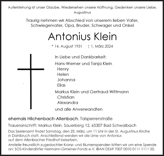 Traueranzeige von Antonius Klein von Siegener Zeitung