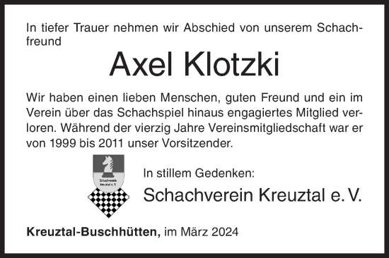 Traueranzeige von Axel Klotzki von Siegener Zeitung