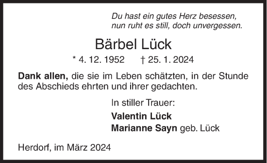 Traueranzeige von Bärbel Lück von Siegener Zeitung