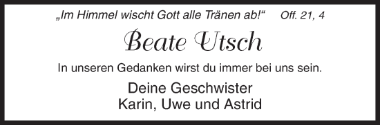 Traueranzeige von Beate Utsch von Siegener Zeitung