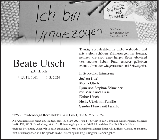 Traueranzeige von Beate Utsch von Siegener Zeitung