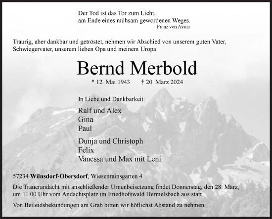 Traueranzeige von Bernd Merbold von Siegener Zeitung