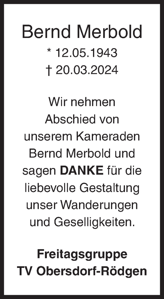 Traueranzeige von Bernd Merbold von Siegener Zeitung