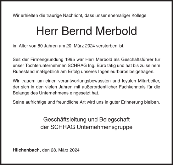 Traueranzeige von Bernd Merbold von Siegener Zeitung