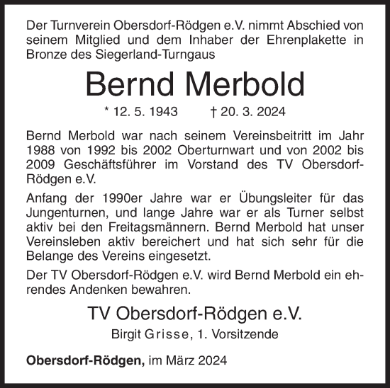 Traueranzeige von Bernd Merbold von Siegener Zeitung