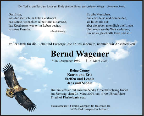 Traueranzeige von Bernd Wagener von Siegener Zeitung