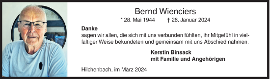 Traueranzeige von Bernd Wienciers von Siegener Zeitung