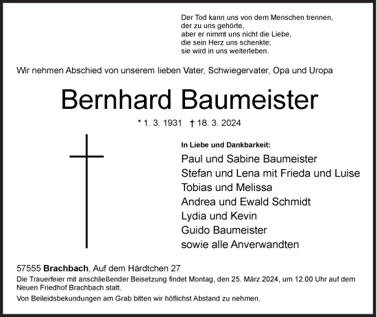 Traueranzeige von Bernhard Baumeister von Siegener Zeitung