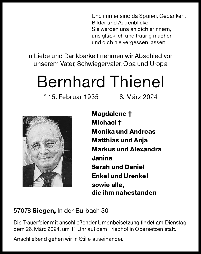  Traueranzeige für Bernhard Thienel vom 16.03.2024 aus Siegener Zeitung